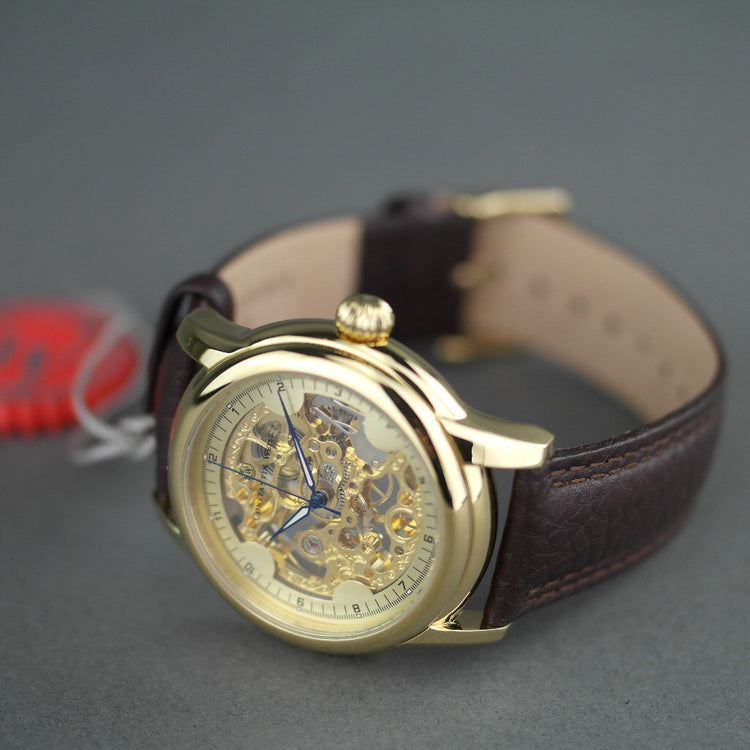 Constantin Weisz Reloj de pulsera mecánico chapado en oro con esfera esquelética y correa de cuero