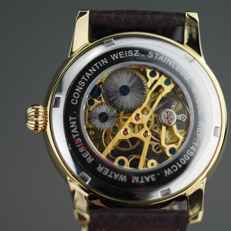 Constantin Weisz Gold plated Mechanical wrist watch skeleton dial and leather strap