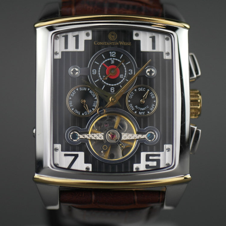 Constantin Weisz Dual Time Automatik-Armbanduhr mit offenem Herz und Lederarmband