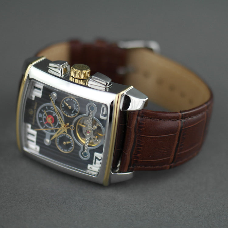 Constantin Weisz Dual Time Automatik-Armbanduhr mit offenem Herz und Lederarmband