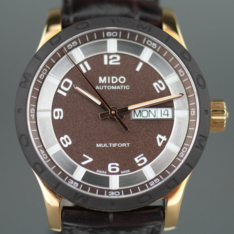 Mido Multifort vergoldete Automatik-Armbanduhr mit 25 Juwelen und Lederarmband
