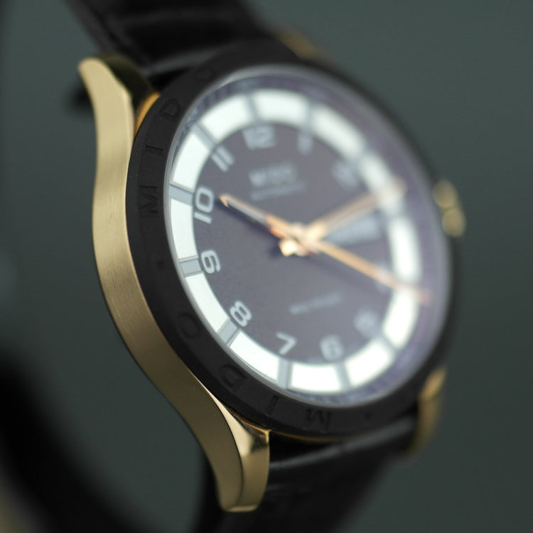 Mido Multifort Reloj de pulsera automático chapado en oro de 25 joyas con correa de cuero