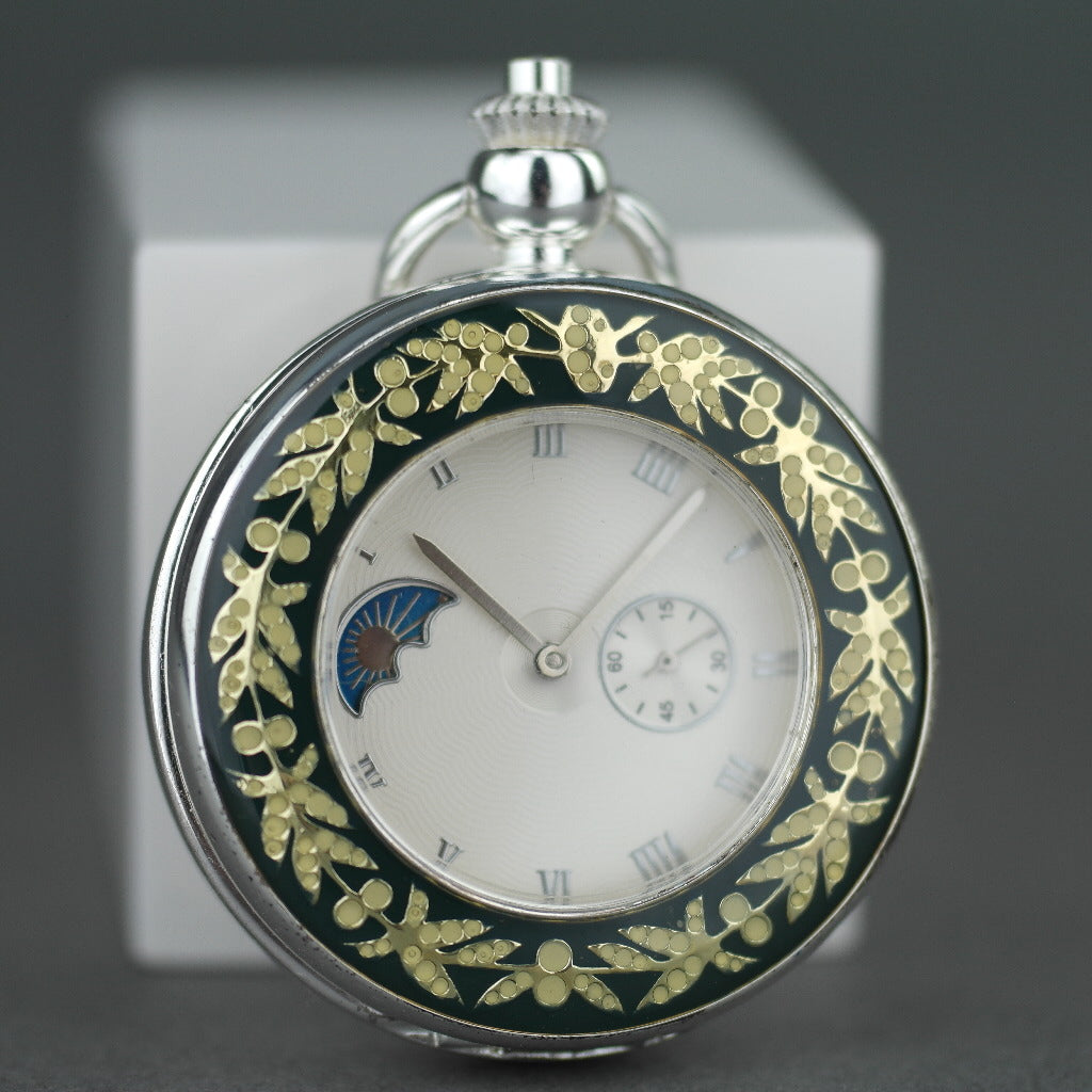 Silver plated pocket watch with Roman numbers and day and night indicator