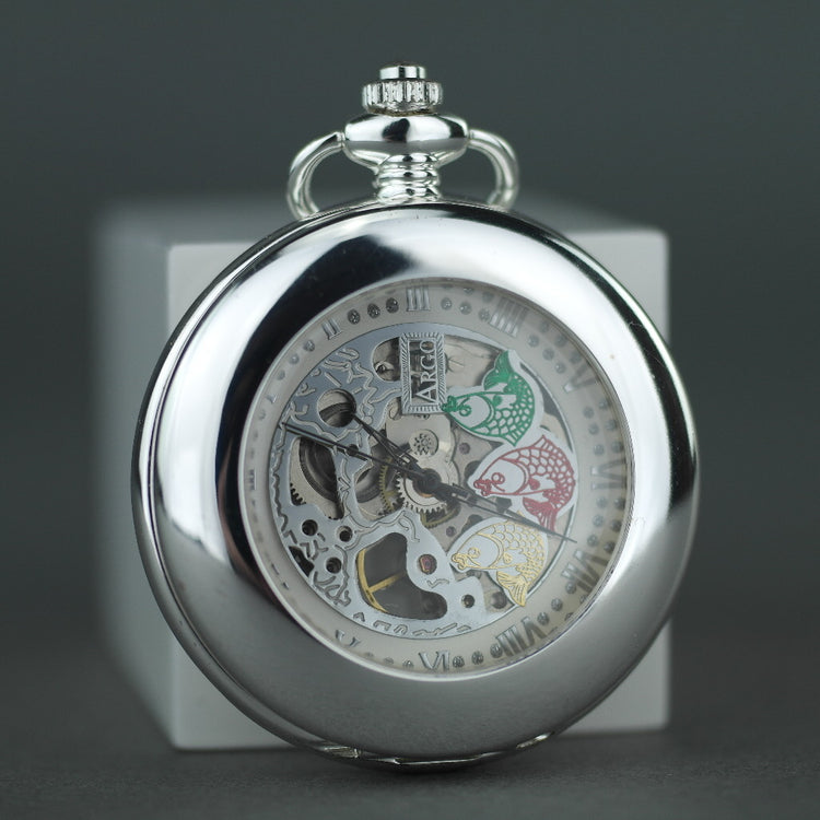 Reloj de bolsillo mecánico Half Hunter Argo plateado con números romanos