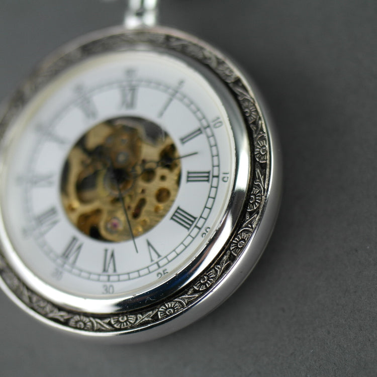 Skeleton Silver plated pocket watch with Roman numbers and snake leather