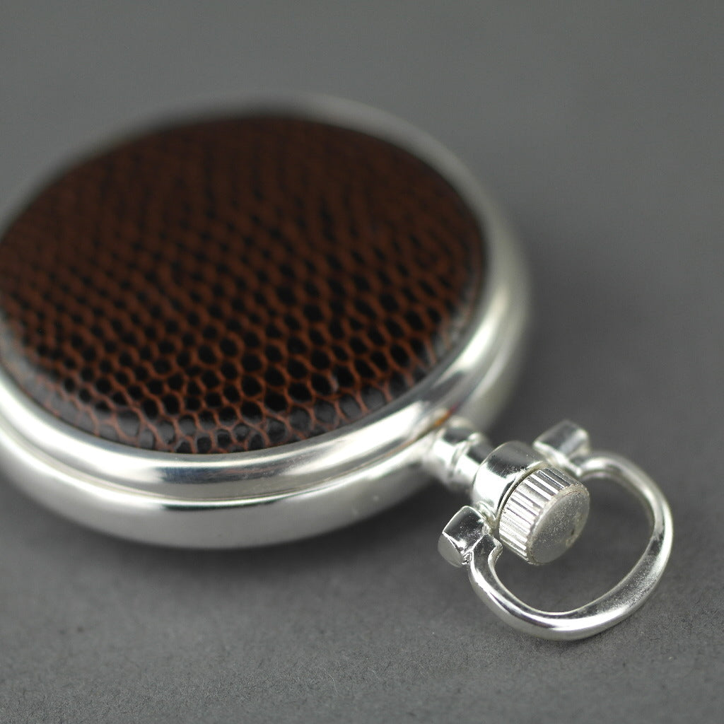 Skeleton Silver plated pocket watch with Roman numbers and snake leather