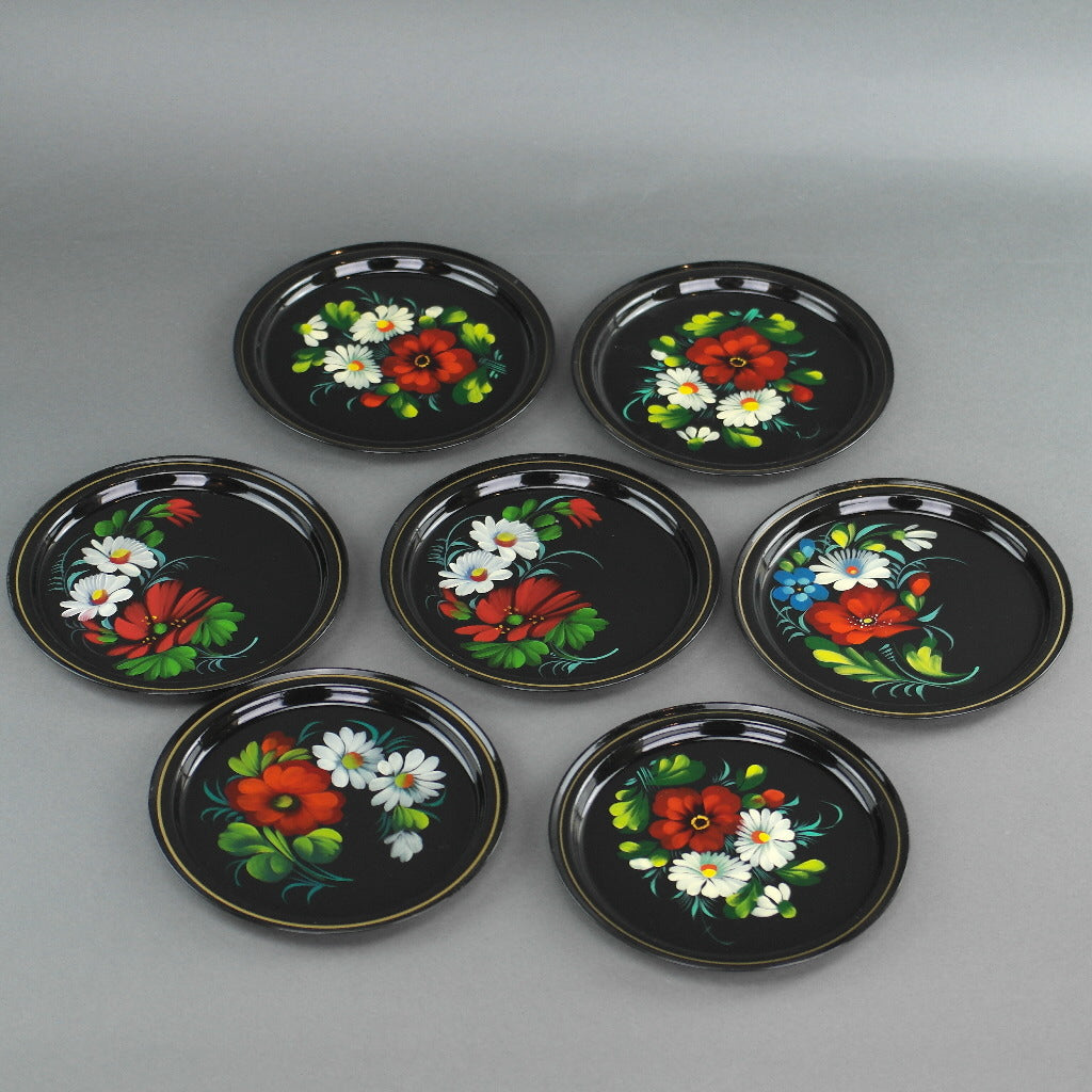 Vintage russischer Metalltablett Teller handbemalt Emaille Blumen UdSSR