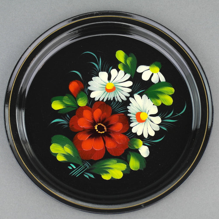 Vintage Russian metal tray plate hand paint enamel flowers USSR