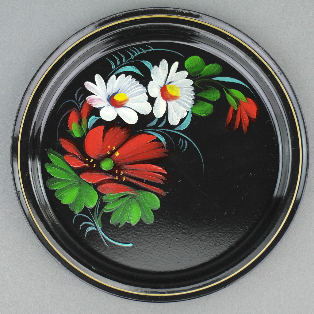 Vintage russischer Metalltablett Teller handbemalt Emaille Blumen UdSSR