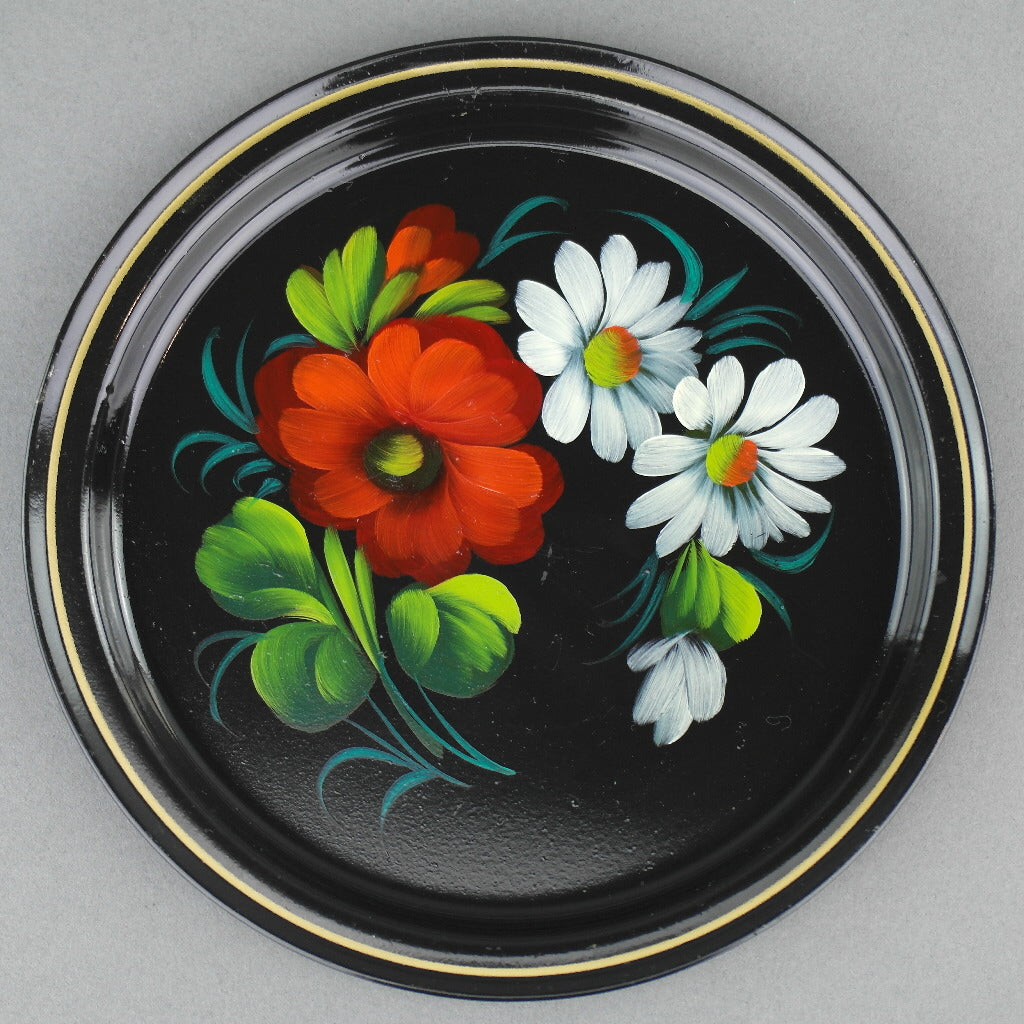 Vintage russischer Metalltablett Teller handbemalt Emaille Blumen UdSSR
