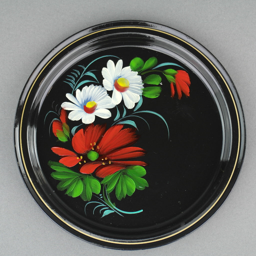 Vintage russischer Metalltablett Teller handbemalt Emaille Blumen UdSSR