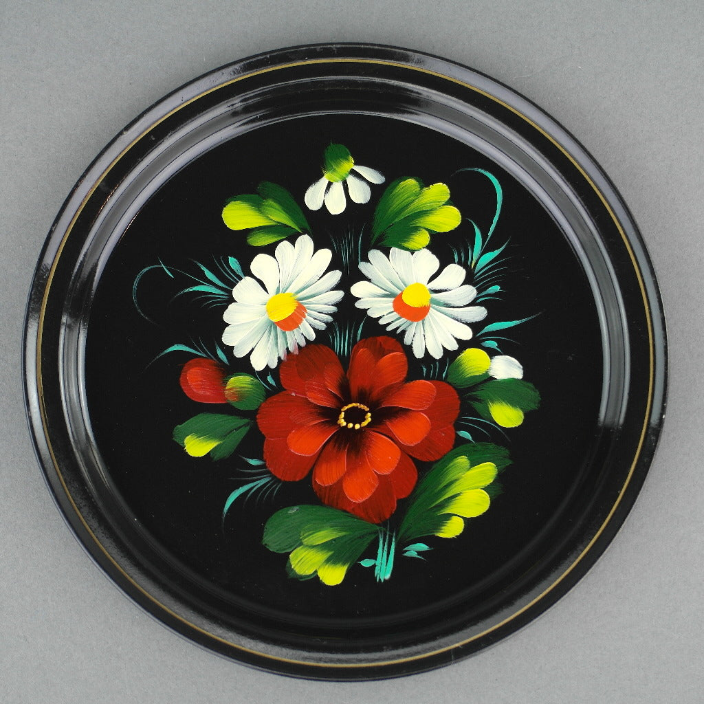 Vintage russischer Metalltablett Teller handbemalt Emaille Blumen UdSSR
