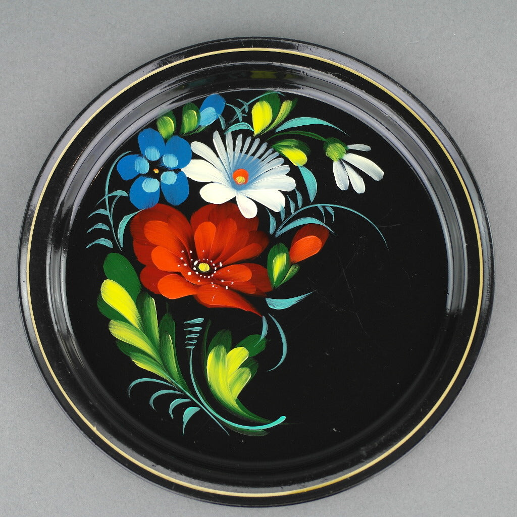 Vintage russischer Metalltablett Teller handbemalt Emaille Blumen UdSSR