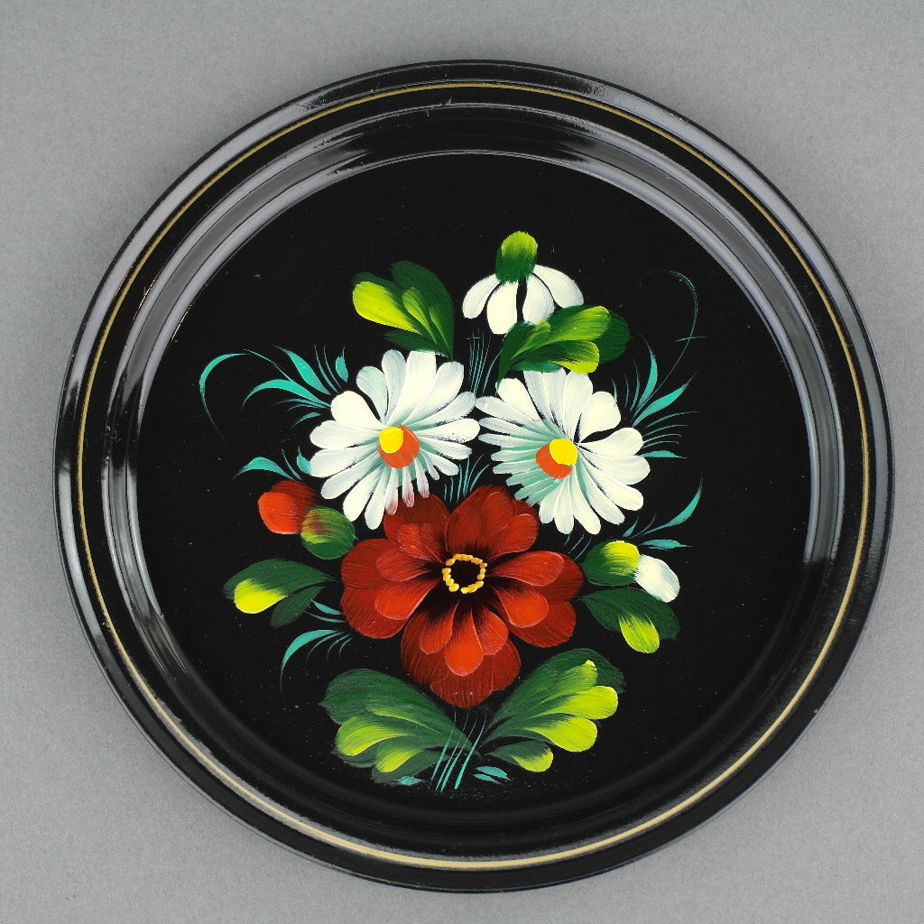 Vintage russischer Metalltablett Teller handbemalt Emaille Blumen UdSSR