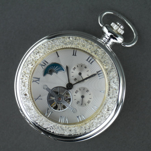 Silver plated pocket watch with Roman numbers and day and night indicator