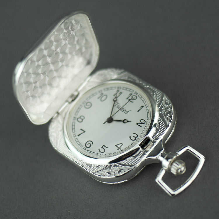 Tweed Full Hunter Silver plated pocket watch with Arabic numerals