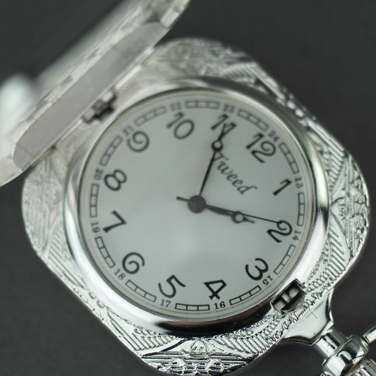 Tweed Full Hunter Silver plated pocket watch with Arabic numerals