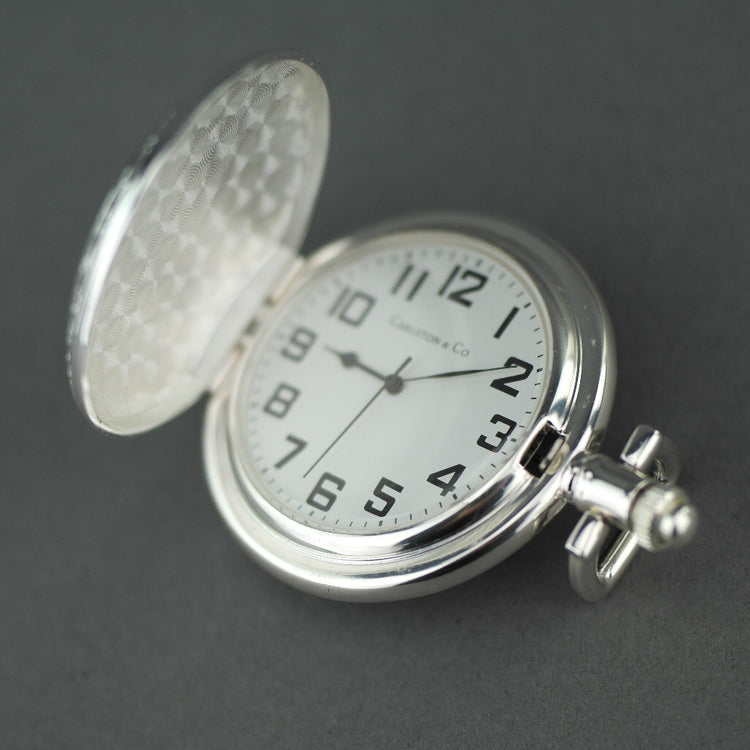 Carlston & Co Full Hunter Silver plated pocket watch with Arabic numerals