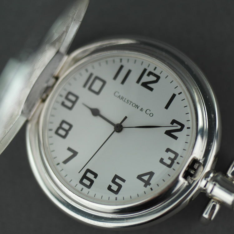 Carlston & Co Full Hunter Silver plated pocket watch with Arabic numerals