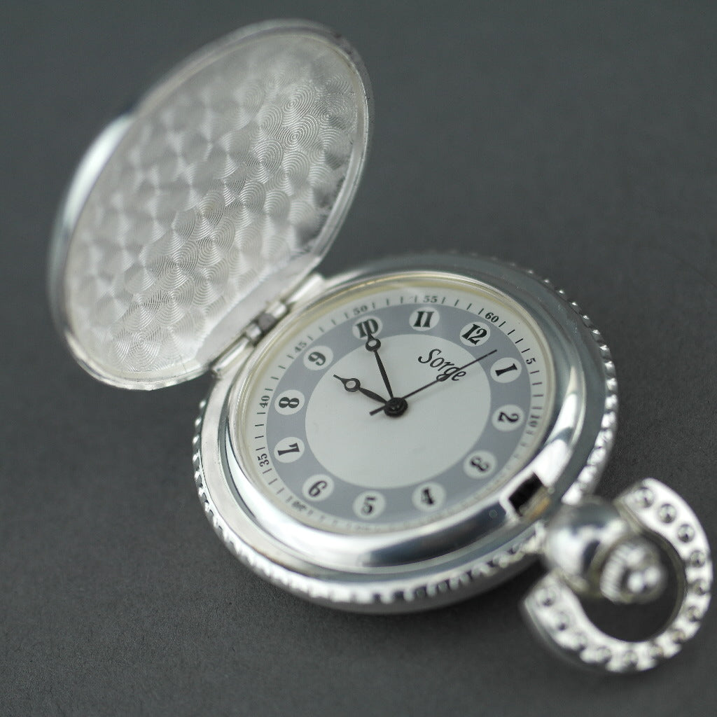 Sorge Full Hunter Silver plated pocket watch with Arabic numerals