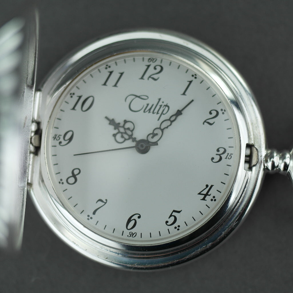 Tulip Half Hunter Silver plated pocket watch with Arabic numerals