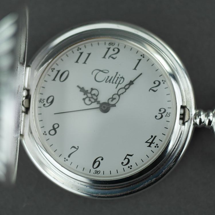 Tulip Half Hunter Silver plated pocket watch with Arabic numerals