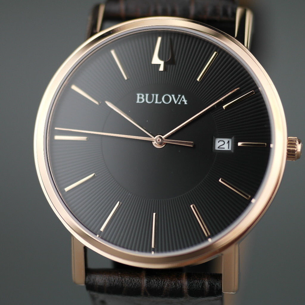 Bulova Gold plated Quartz Watch with Black Dial with date and leather strap