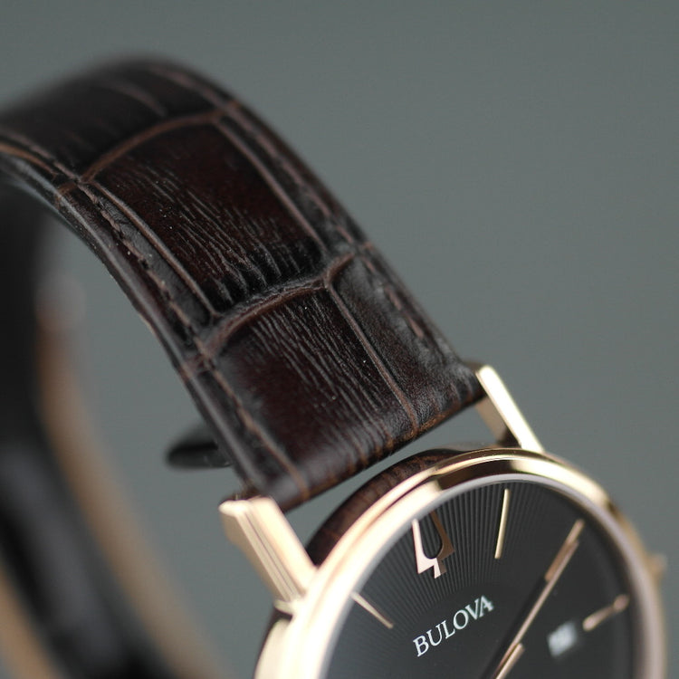 Bulova Gold plated Quartz Watch with Black Dial with date and leather strap
