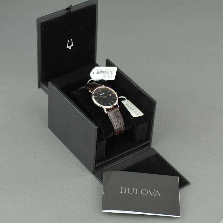 Bulova Gold plated Quartz Watch with Black Dial with date and leather strap