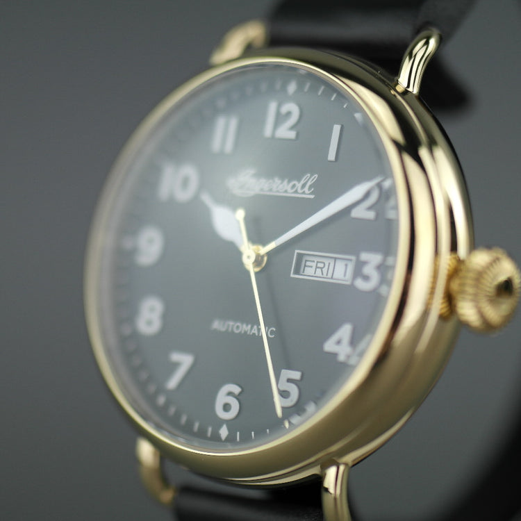 Ingersoll The Trenton gold plated quartz wrist watch with Arabic numerals and leather strap