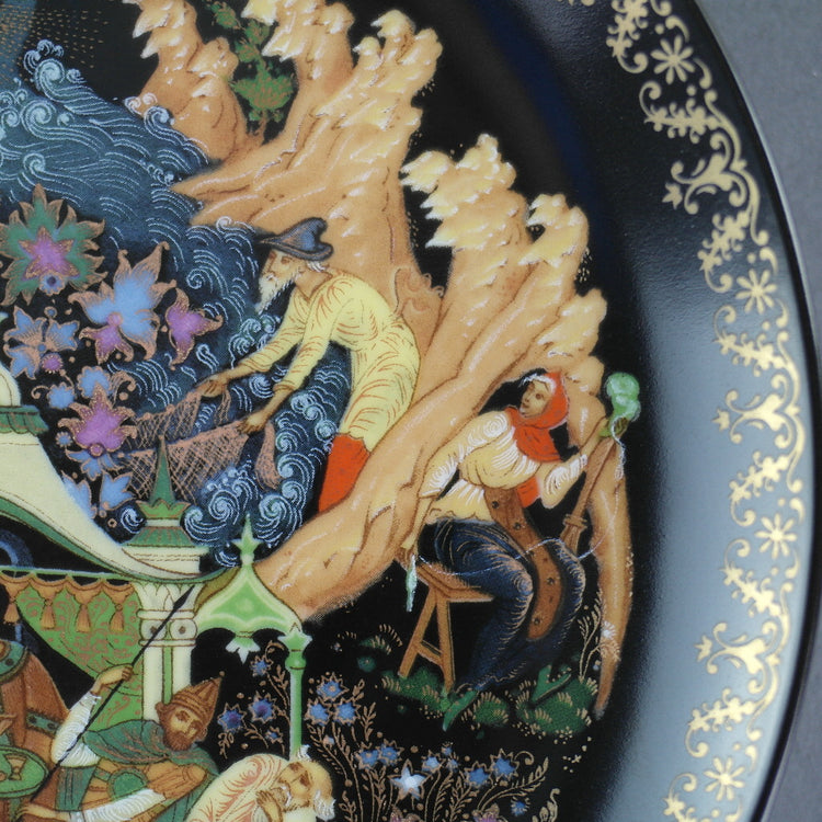 Der Fischer und der Zauberfisch, Russische Märchenteller Vinogradoff Porzellan, Wanddekoration