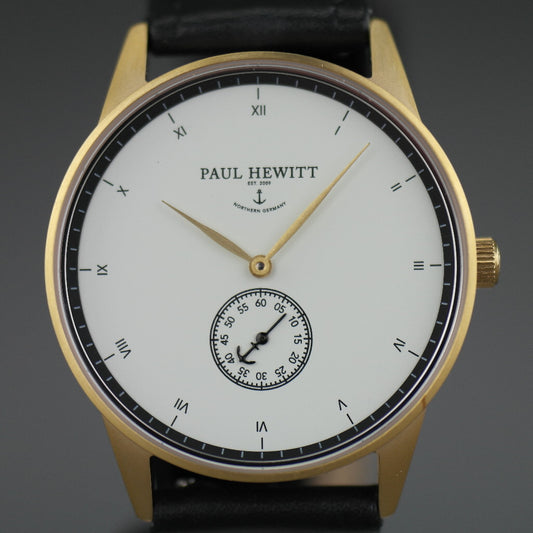 Paul Hewitt Signature Line Uhr Nautical Gold Mark I White Ocean schwarzes Leder