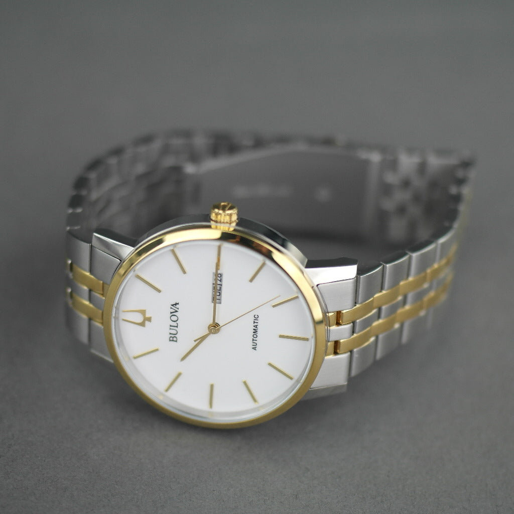 Bulova Men's White Dial Bilingual date Automatic Watch with Stainless Steel Bracelet gold plated elements