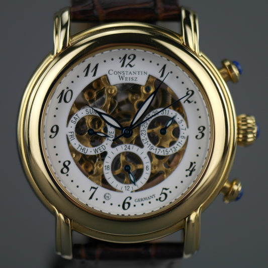 Constantin Weisz Limited Edition Automatic Gold plated skeleton watch brown strap