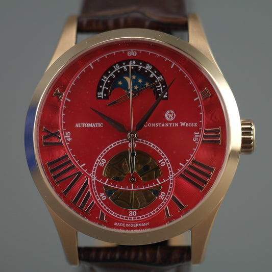 Constantin Weisz Vergoldete Herren-Automatikarmbanduhr mit rotem Zifferblatt und braunem Armband