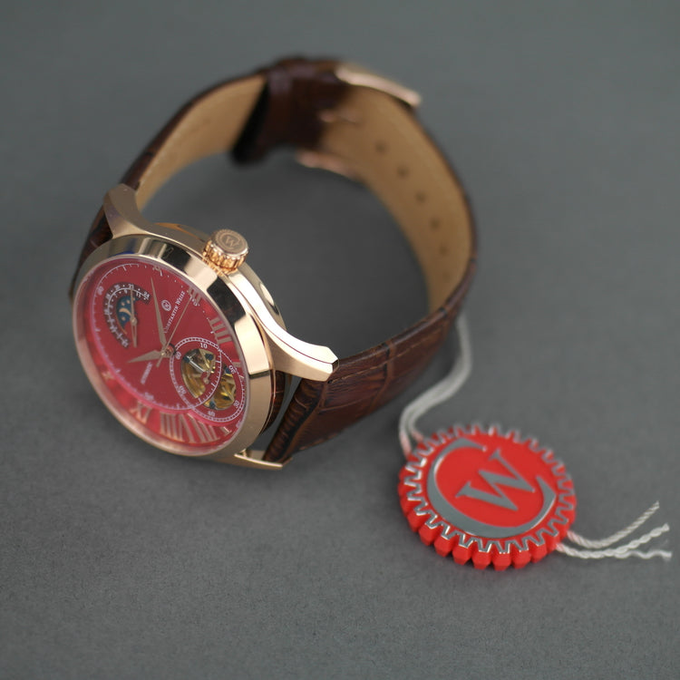 Constantin Weisz Reloj de pulsera automático para caballero chapado en oro con esfera roja y correa marrón