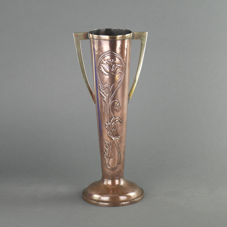 Art Nouveau flowers ornamented brass and copper vase