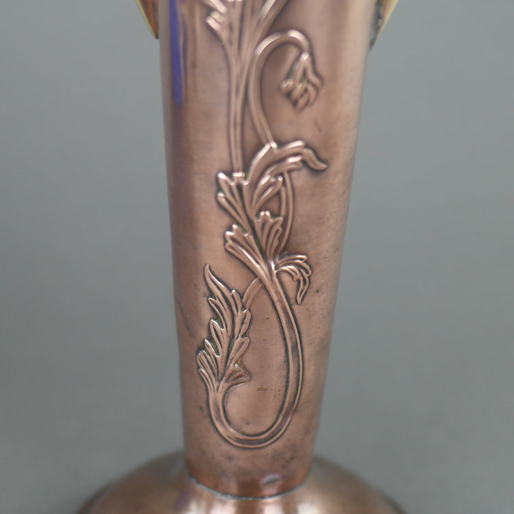 Jugendstil-Vase aus Messing und Kupfer mit Blumenverzierung