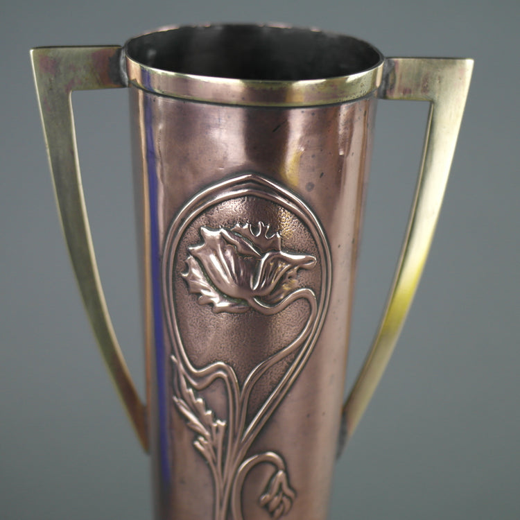 Art Nouveau flowers ornamented brass and copper vase