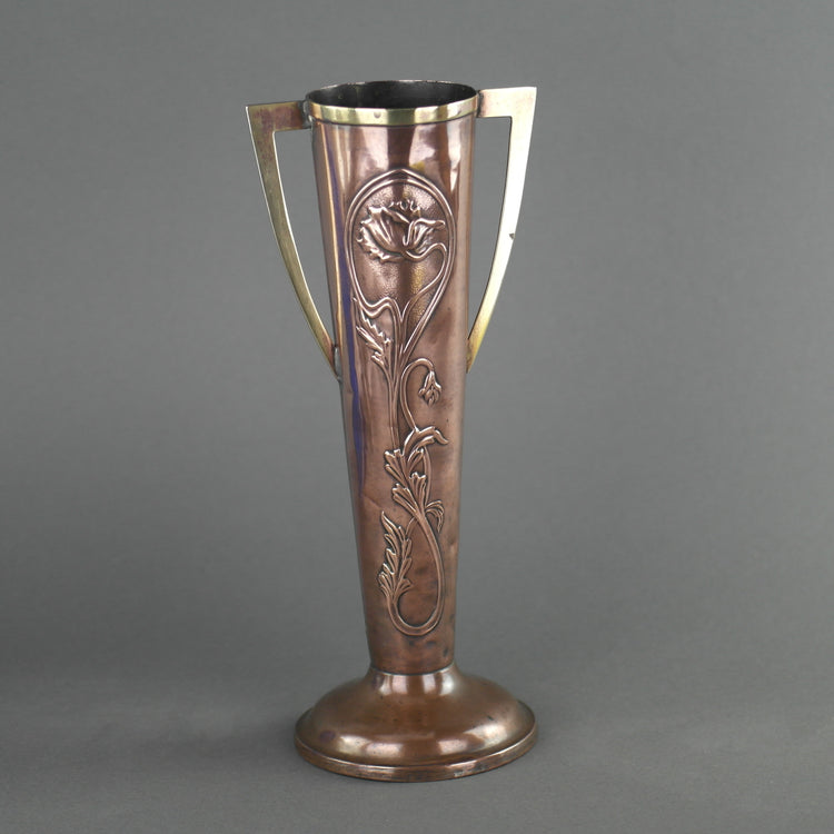 Art Nouveau flowers ornamented brass and copper vase