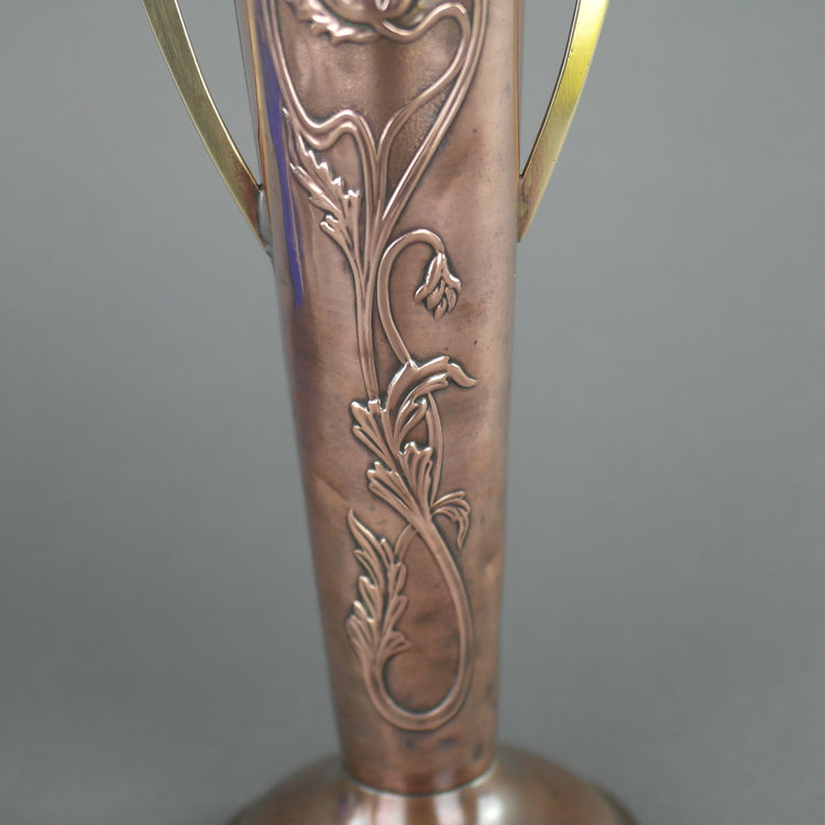 Art Nouveau flowers ornamented brass and copper vase