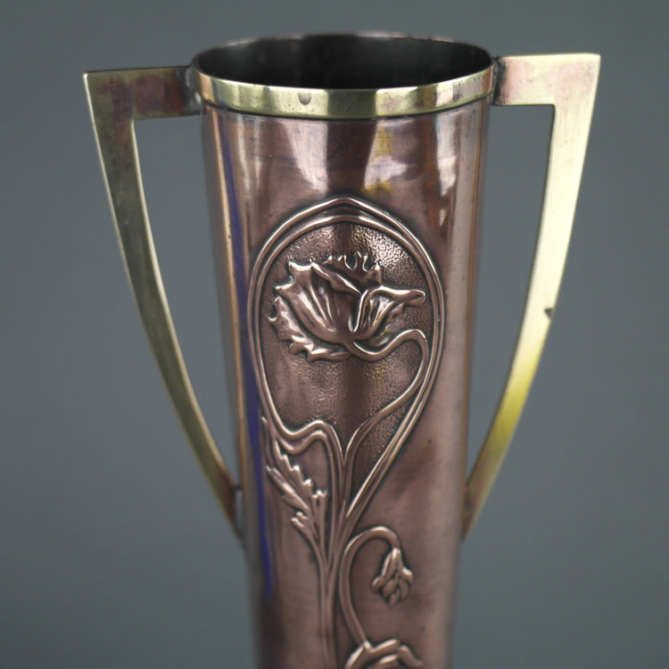 Art Nouveau flowers ornamented brass and copper vase