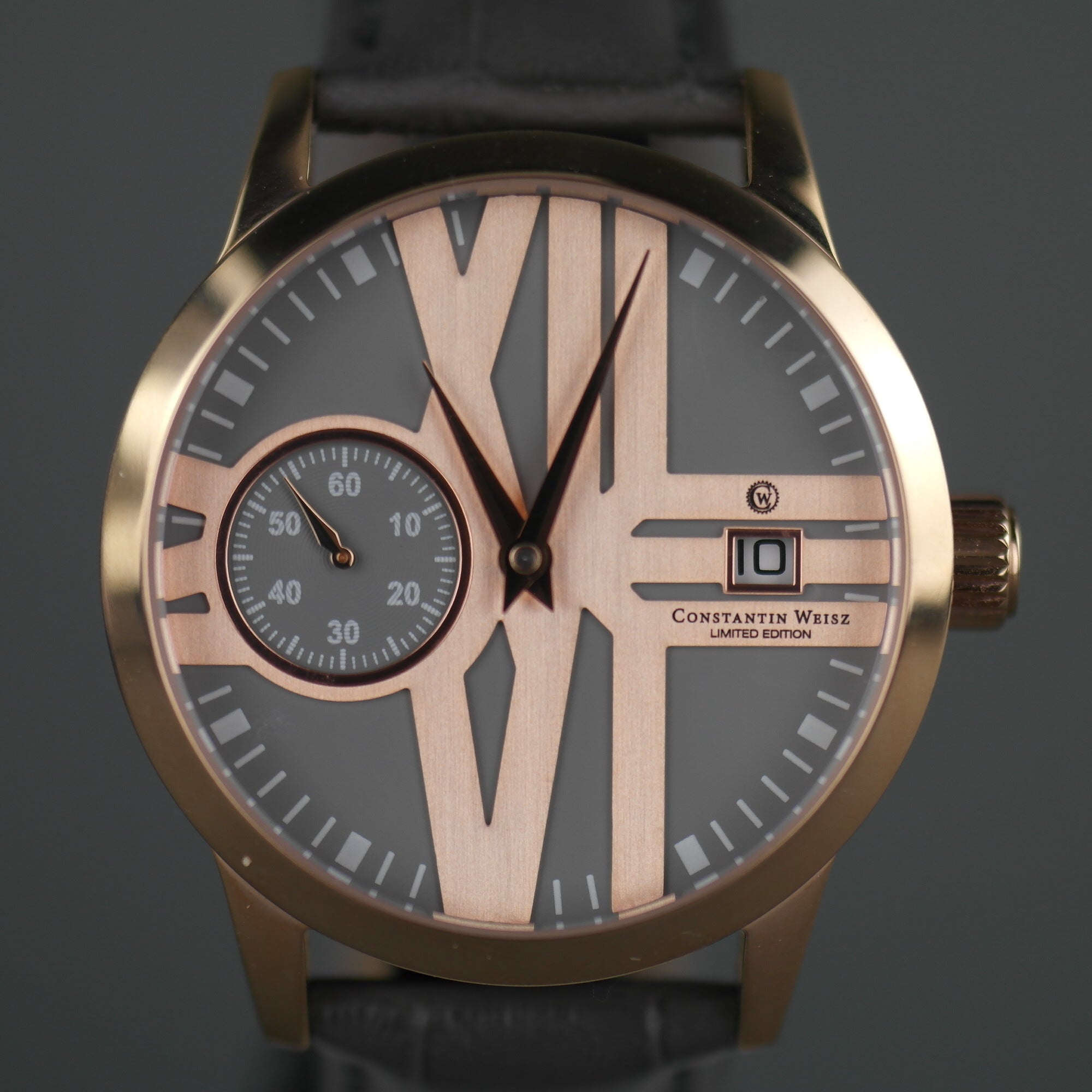 Constantin Weisz vergoldete Automatik-Armbanduhr mit 30 Steinen und grauem Armband