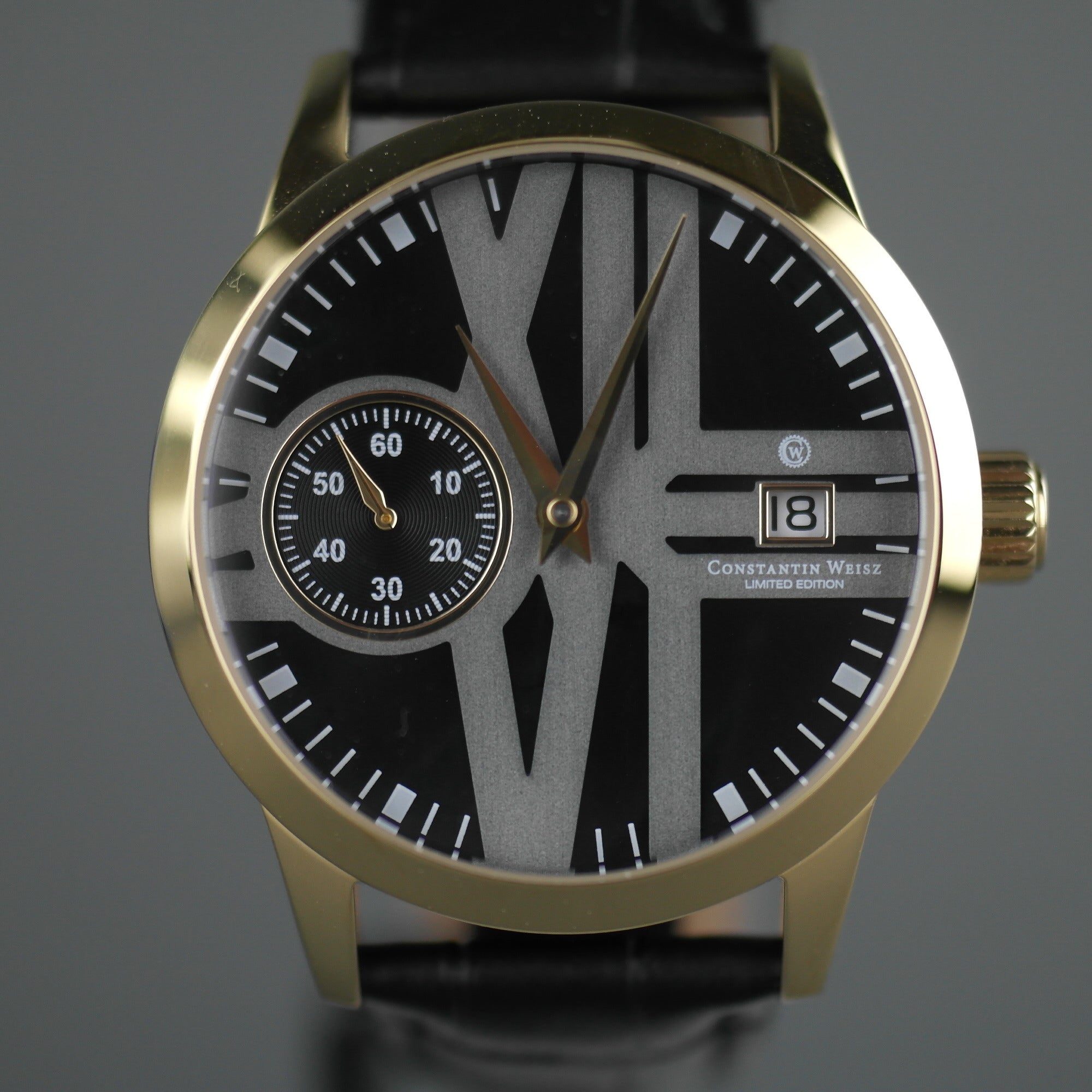 Constantin Weisz vergoldete Automatik-Armbanduhr mit 30 Steinen und schwarzem Armband
