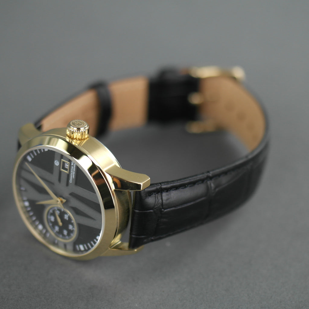 Constantin Weisz vergoldete Automatik-Armbanduhr mit 30 Steinen und schwarzem Armband