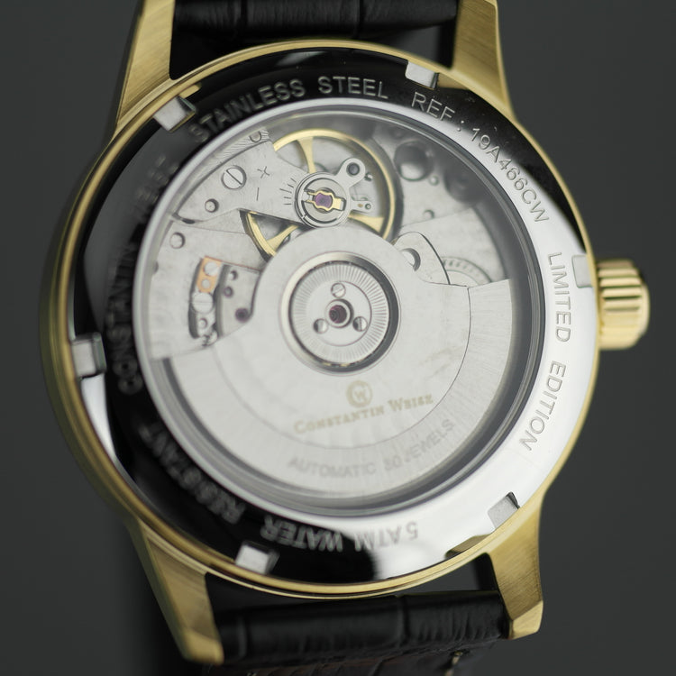 Constantin Weisz vergoldete Automatik-Armbanduhr mit 30 Steinen und schwarzem Armband