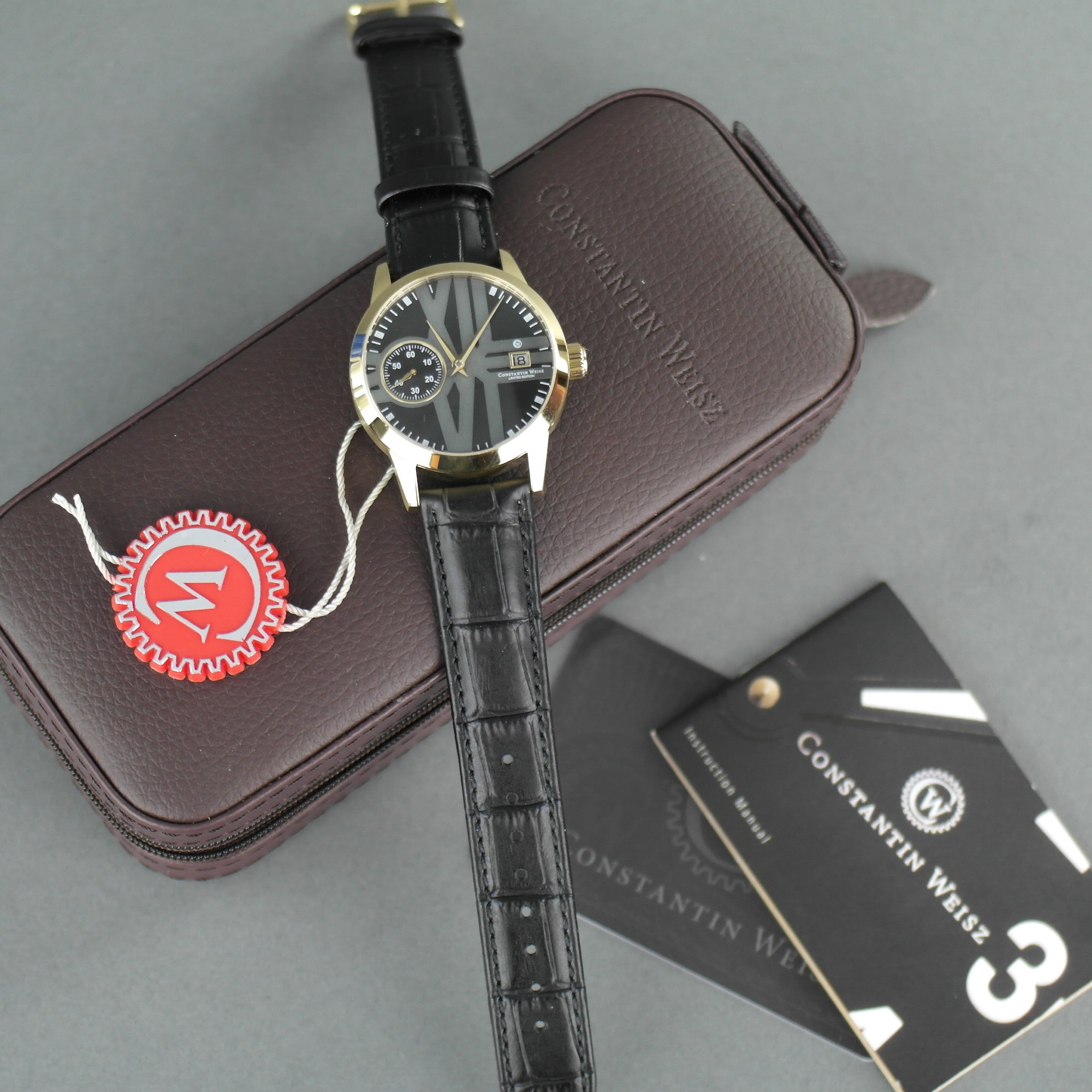 Constantin Weisz vergoldete Automatik-Armbanduhr mit 30 Steinen und schwarzem Armband