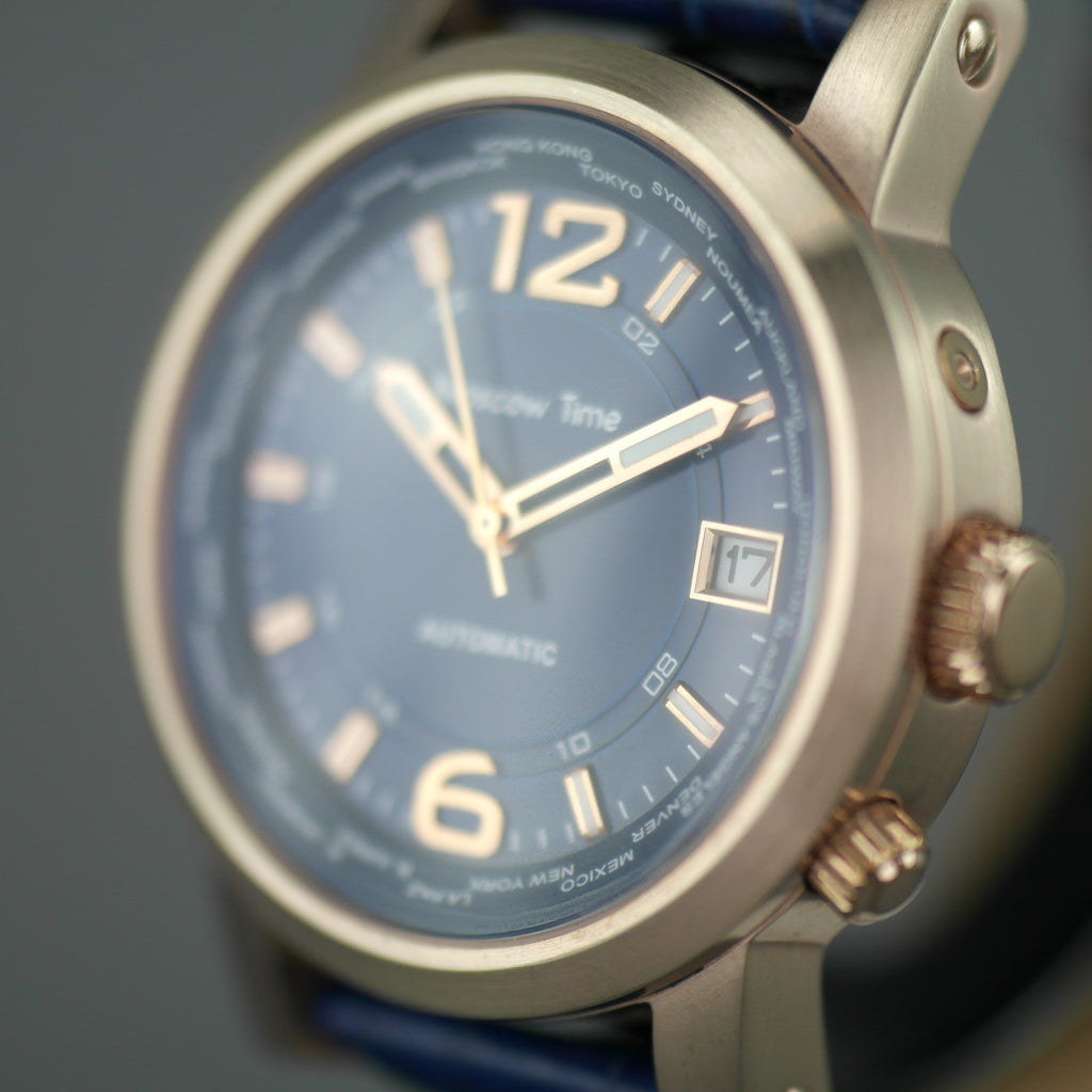 Hora de Moscú a World Timer Reloj de pulsera automático con esfera azul
