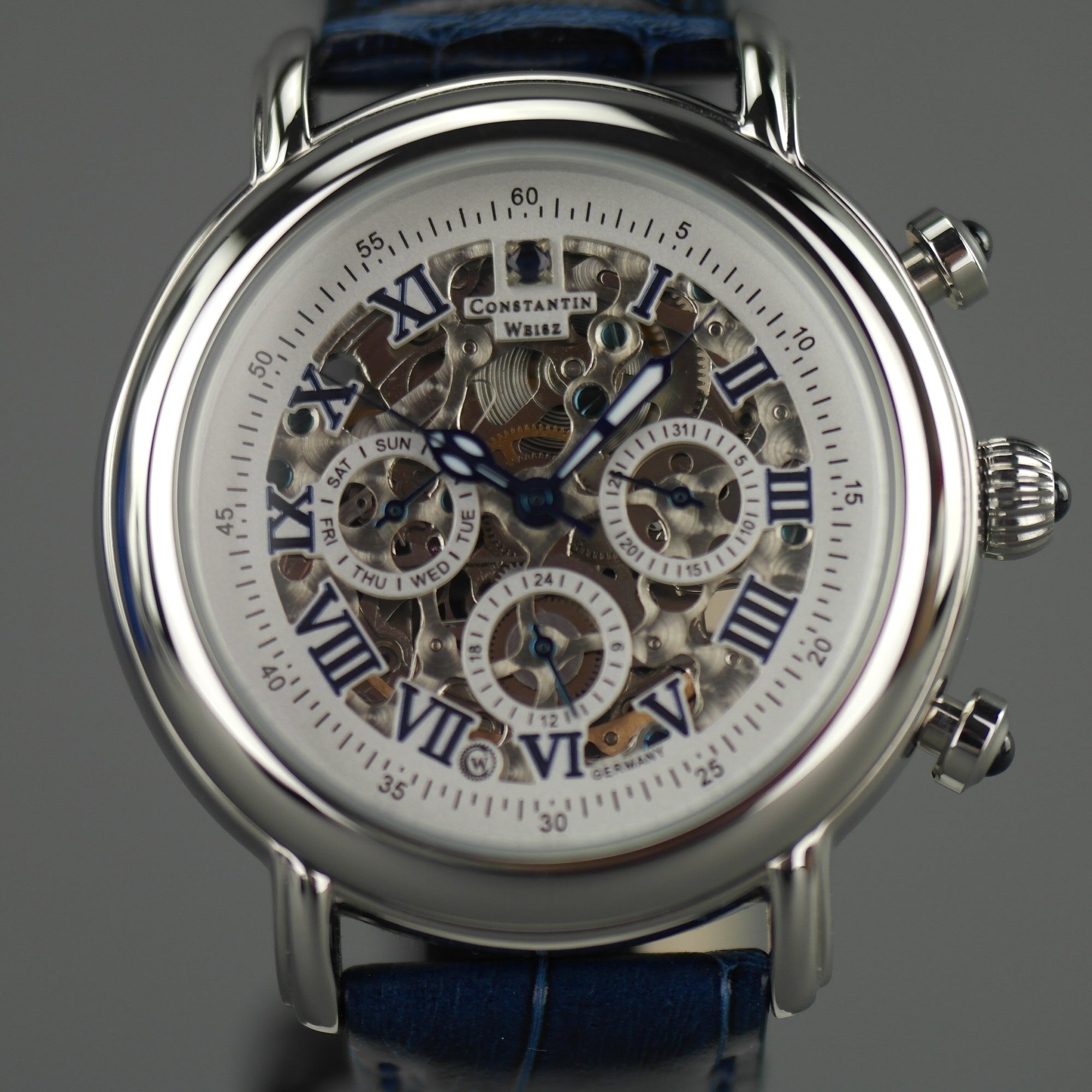 Constantin Weisz Skeleton Automatik-Armbanduhr mit blauem Lederarmband