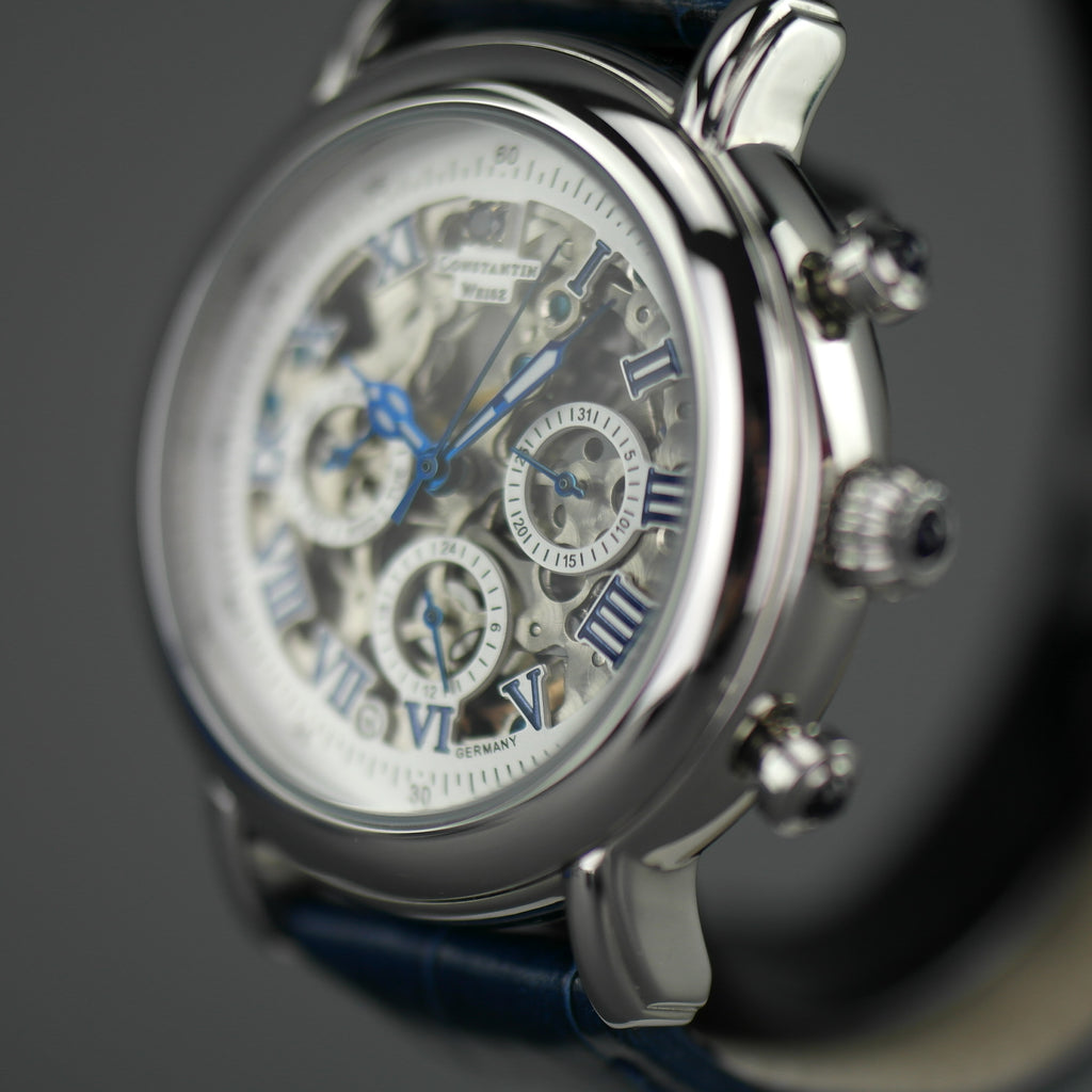 Constantin Weisz Skeleton Automatik-Armbanduhr mit blauem Lederarmband